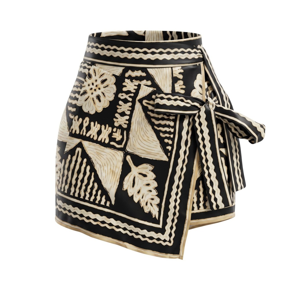 New XS Fashion Nova Black Cream Tribal Print Satin Wrap Skort